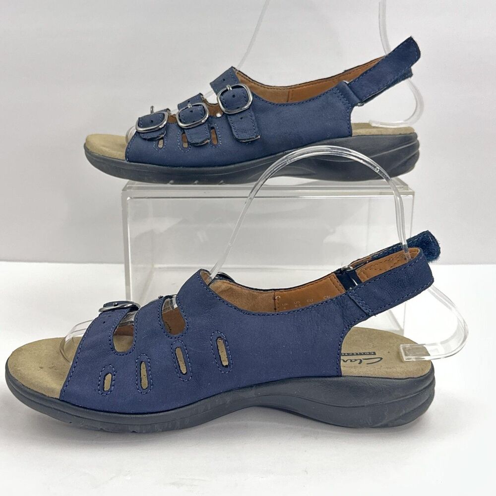 Clarks Sandals Womens 6.5 Navy Blue Nubuck Triple Buckle Sligback Wedge Saylie - Picture 3 of 10